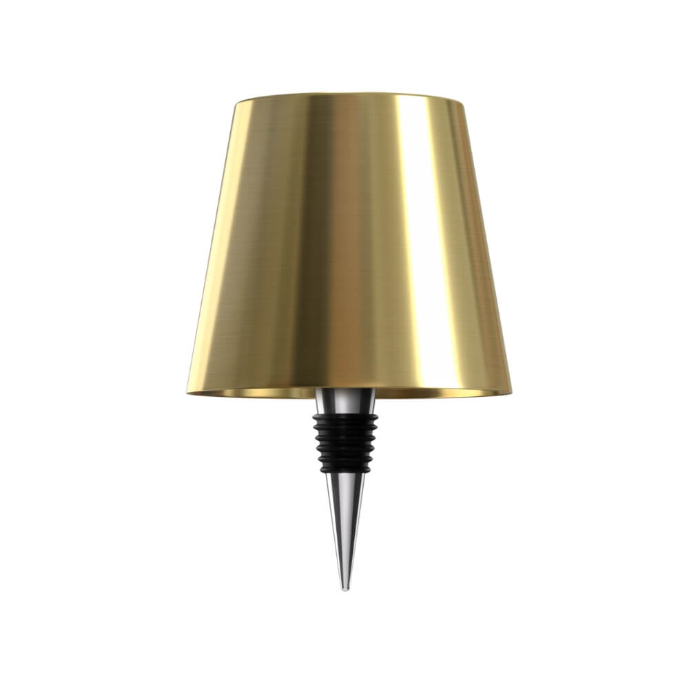 Goldene LED-Flaschenlampe mit Metallfinish, universeller Flaschenverschluss, USB-C aufladbar und dimmbar.