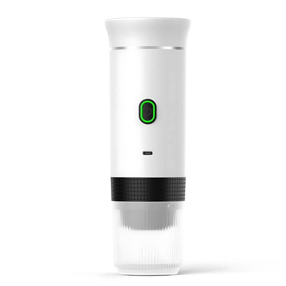 Landorf BrewPro tragbare Espressomaschine in Weiß – stilvoll und kompakt für unterwegs.