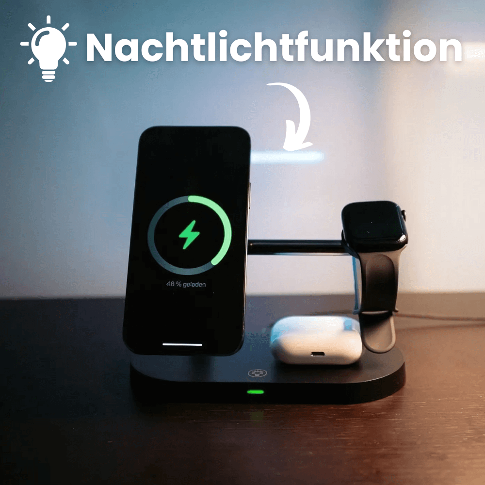 3-in-1 MagSafe Ladegerät mit Nachtlichtfunktion – kabelloses Laden für iPhone, Apple Watch und AirPods.