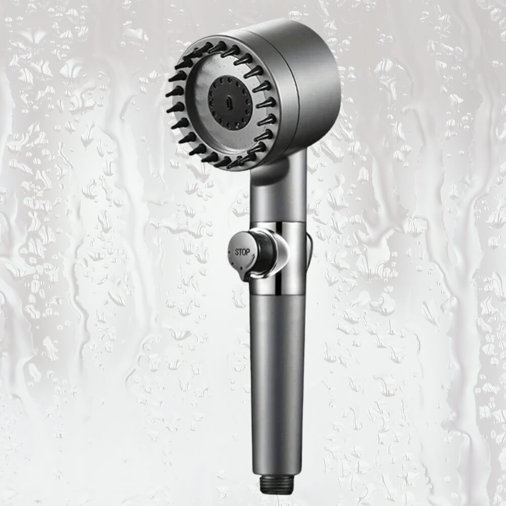 Hochdruck-Duschkopf mit Stopp-Knopf – elegantes Metall-Design für effizienteren Wasserverbrauch.