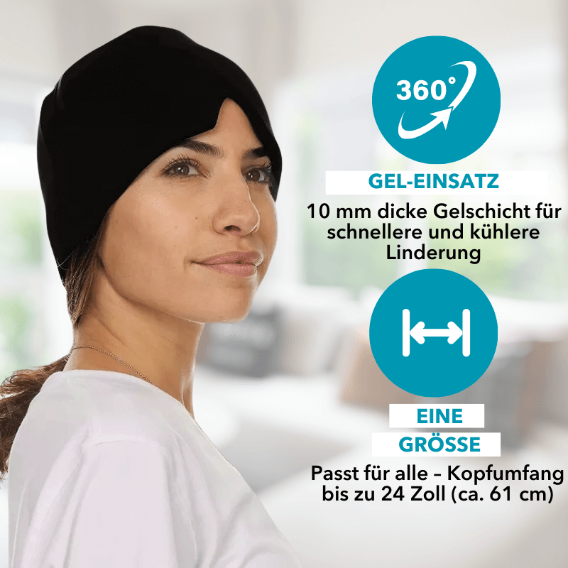Frau mit MigraCool Migränehaube – Kopfschmerz- und Stressreduktion mit kühlender Gel-Schicht. Perfekt für eine schnelle Linderung.