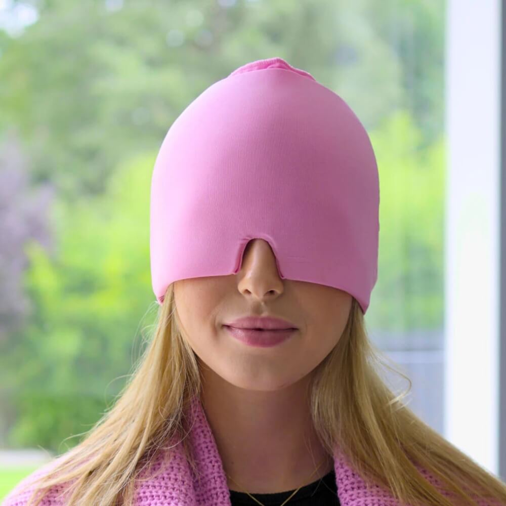 MigraCool Migränehaube in Rosa – Effektive Kälte- und Wärmetherapie zur schnellen Schmerzlinderung bei Migräne, Kopfschmerzen und Stress.