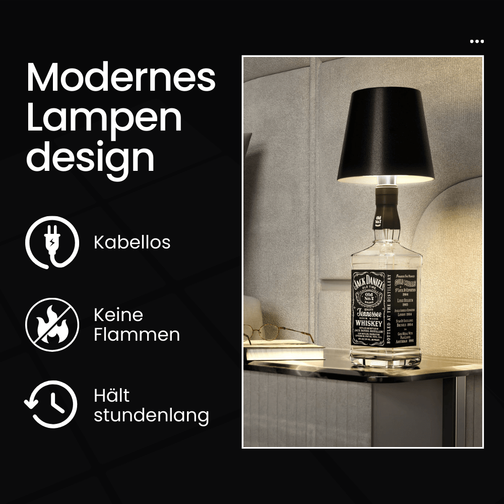 Kabellose LED-Flaschenlampe mit schwarzem Lampenschirm auf Jack-Daniels-Flasche, stimmungsvolle Tischlampe für das Schlafzimmer.
