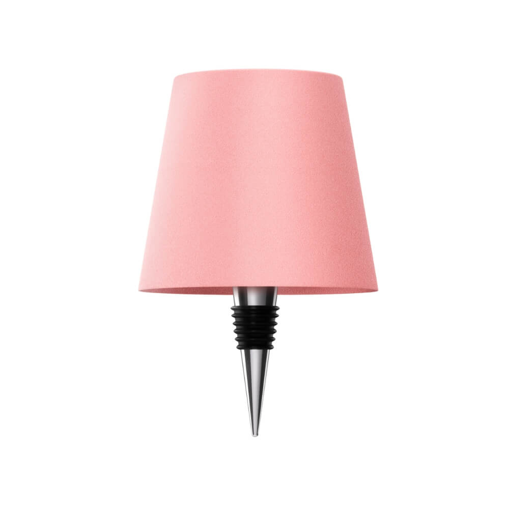 Rosa LED-Flaschenlampe mit weichem Stoffschirm, universeller Flaschenverschluss, USB-C aufladbar für gemütliche Beleuchtung.