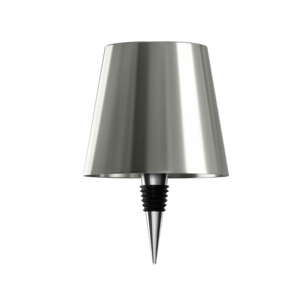 Silberne LED-Flaschenlampe mit Metallfinish, universeller Flaschenverschluss, USB-C aufladbar und dimmbar für modernes Design.