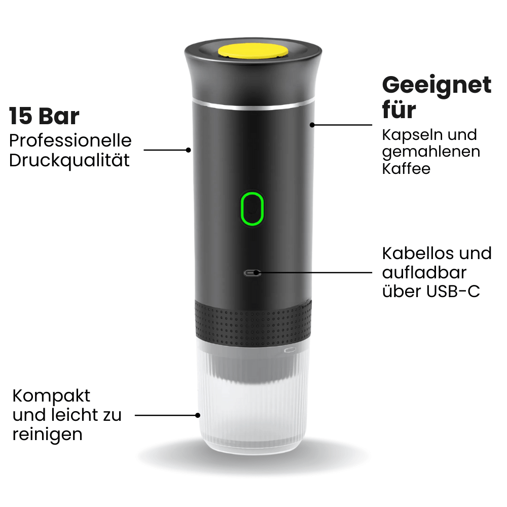 Landorf BrewPro Espressomaschine – 15 Bar Druck, kompatibel mit Kapseln und gemahlenem Kaffee, kabellos aufladbar per USB-C.