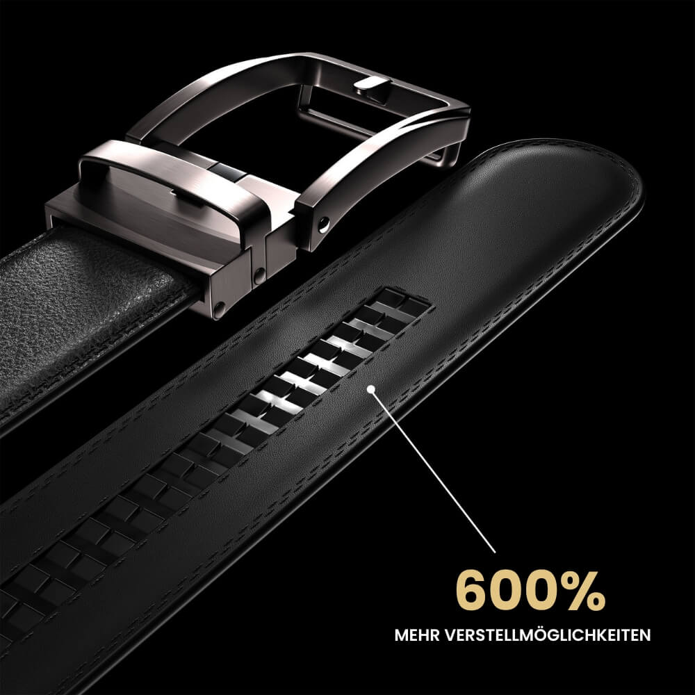  Innovativer schwarzer Gürtel mit 600% mehr Verstellmöglichkeiten für perfekte Passform.