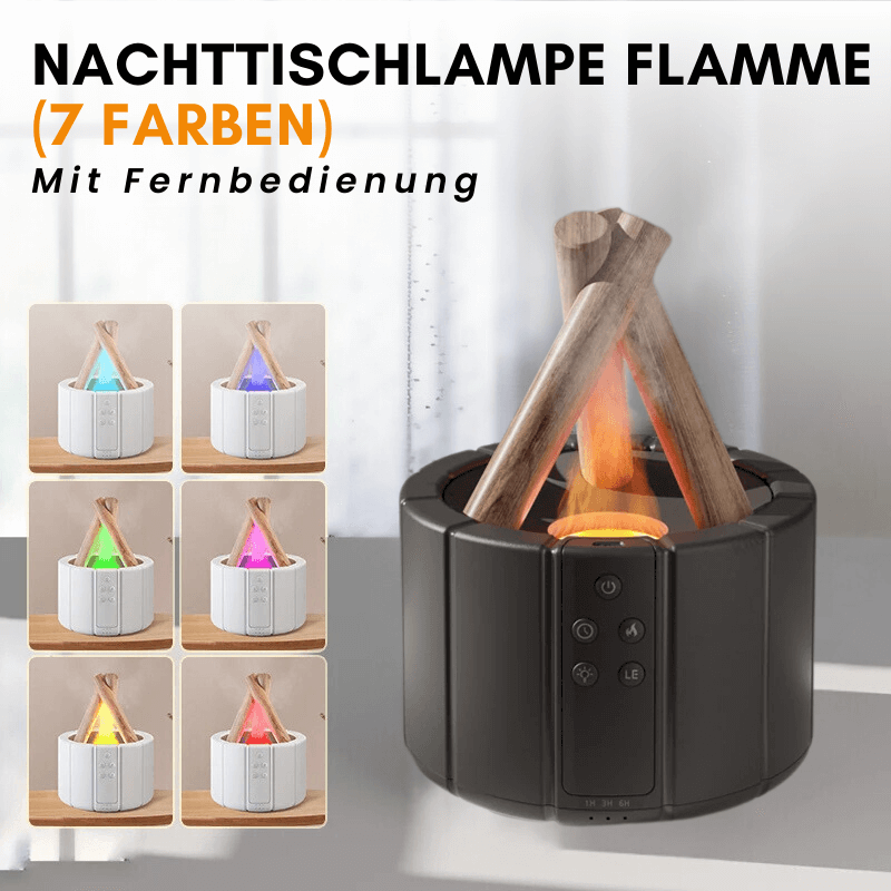 Landorf Illumora Diffuser in Schwarz – Flammen-Nachttischlampe mit 7 Farben und Fernbedienung. Modernes Design für stimmungsvolle Beleuchtung.