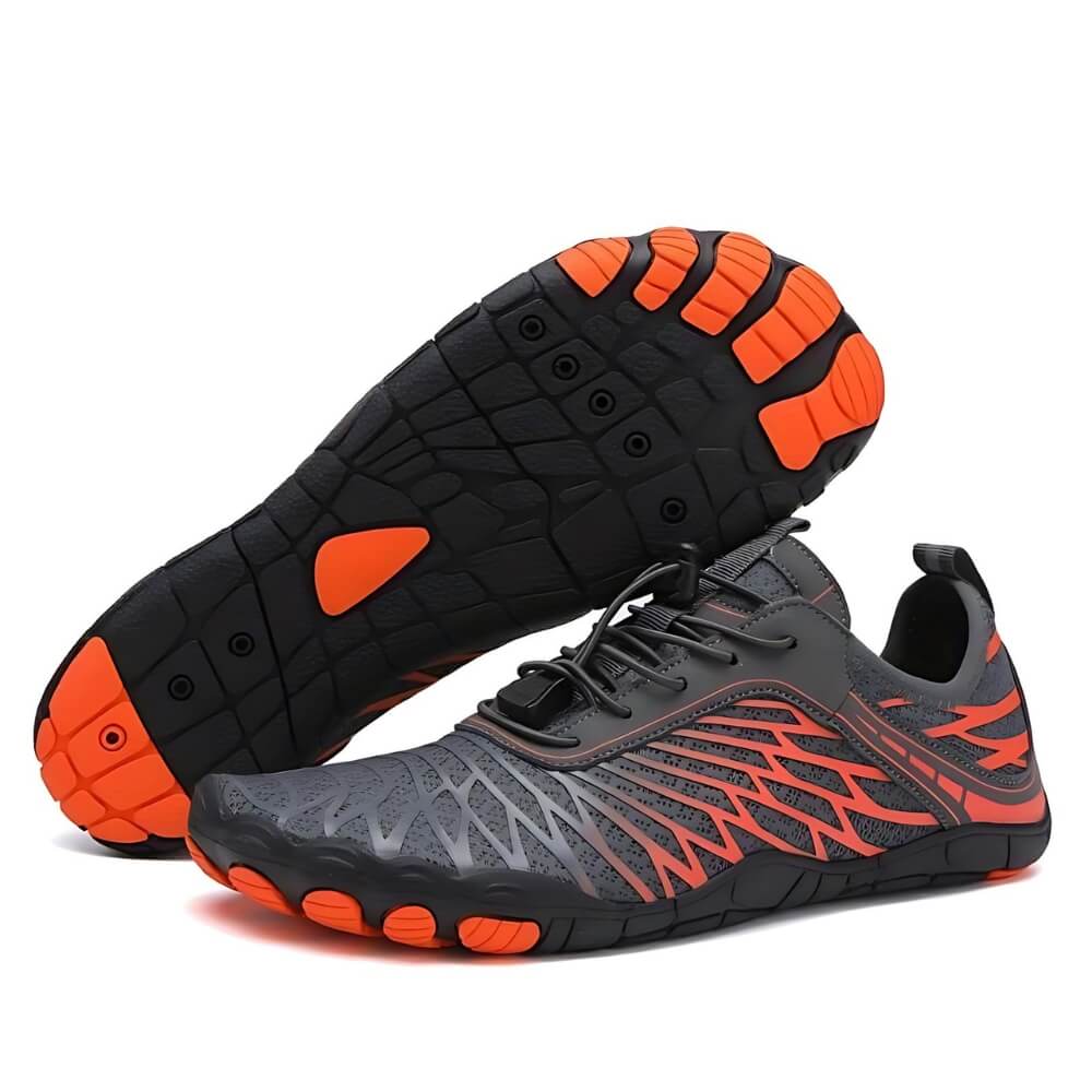 Barfußschuhe Grau/Orange mit robustem Grip. Atmungsaktives Material für ein natürliches Laufgefühl.